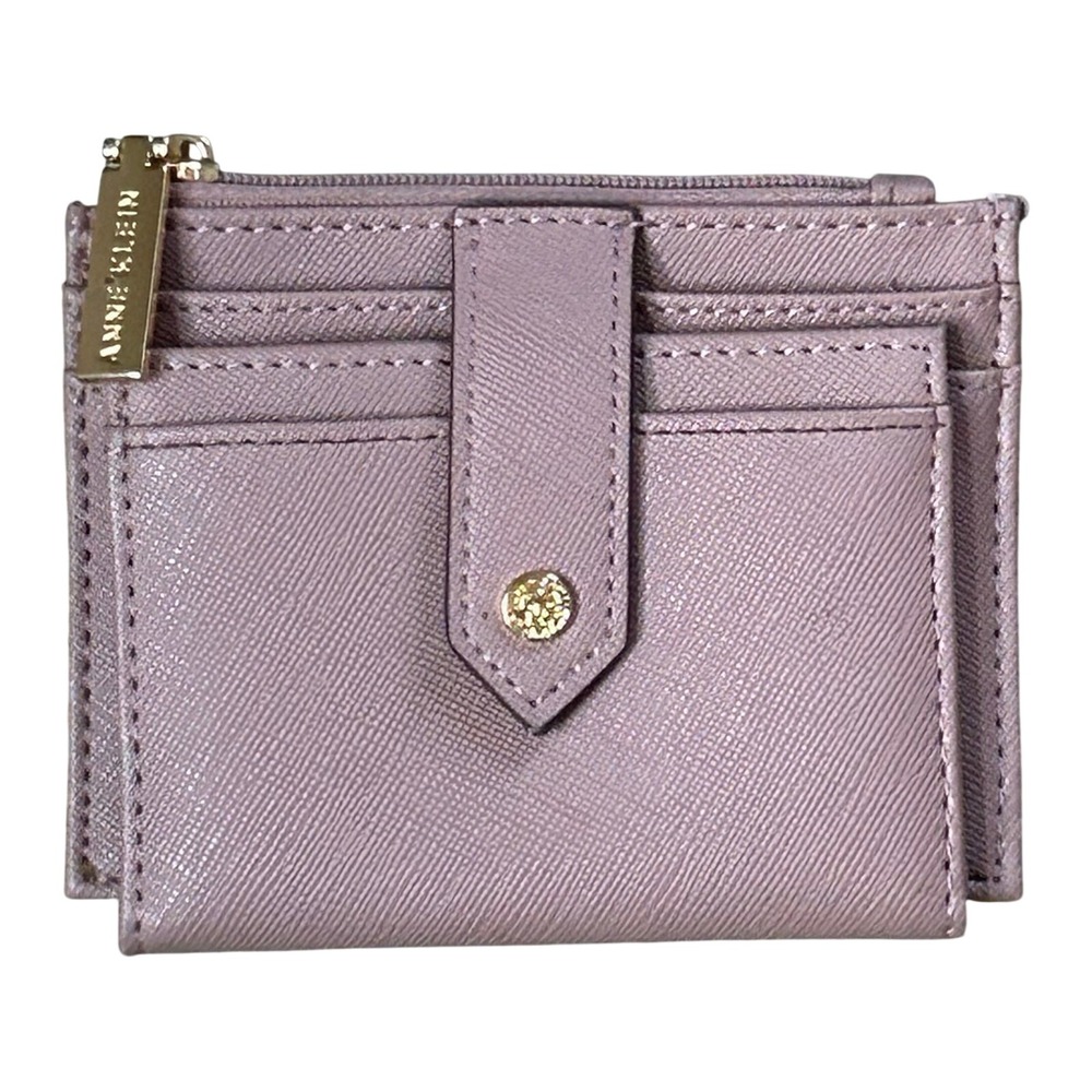 Anne Klein Pegged Card Case Pink Saffiano Faux Leather Wallet Zip ID‎ Window